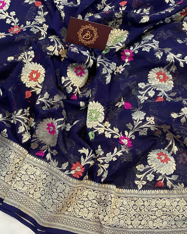 Navy Blue Banarasi Khaddi Georgette Saree - Aura Benaras