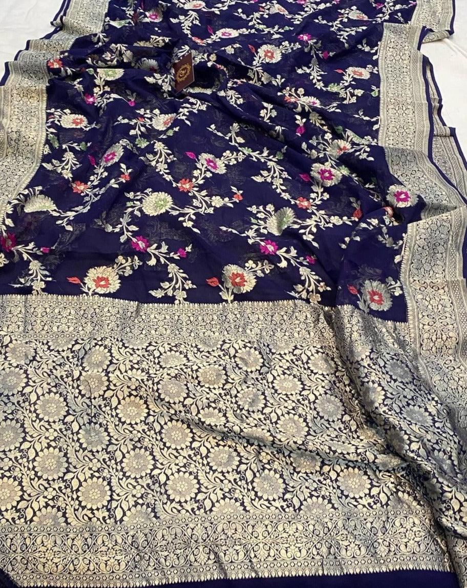 Navy Blue Banarasi Khaddi Georgette Saree - Aura Benaras