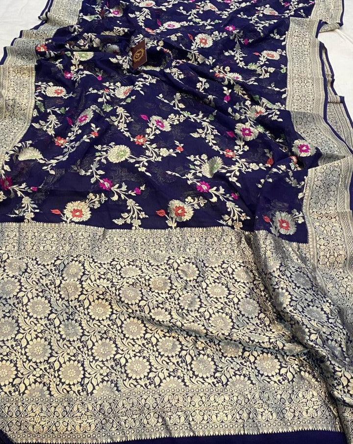 Navy Blue Banarasi Khaddi Georgette Saree - Aura Benaras