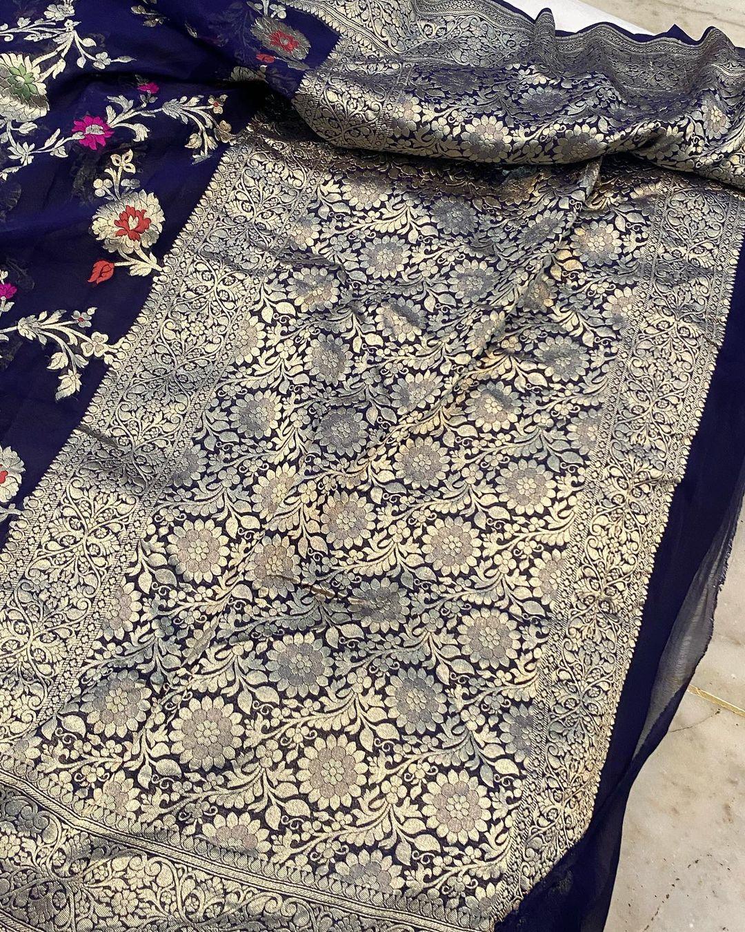 Navy Blue Banarasi Khaddi Georgette Saree - Aura Benaras