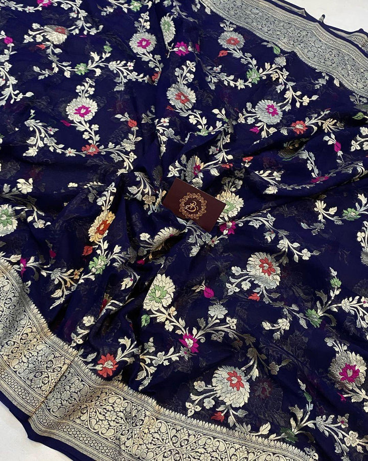 Navy Blue Banarasi Khaddi Georgette Saree - Aura Benaras