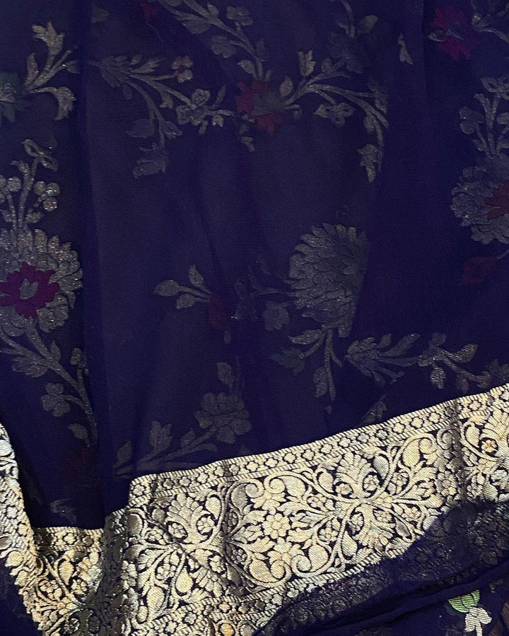 Navy Blue Banarasi Khaddi Georgette Saree - Aura Benaras