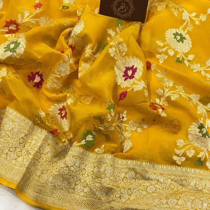 Yellow Banarasi Khaddi Georgette Saree - Aura Benaras