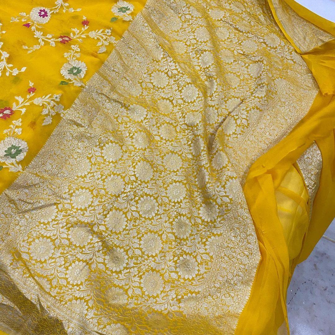 Yellow Banarasi Khaddi Georgette Saree - Aura Benaras