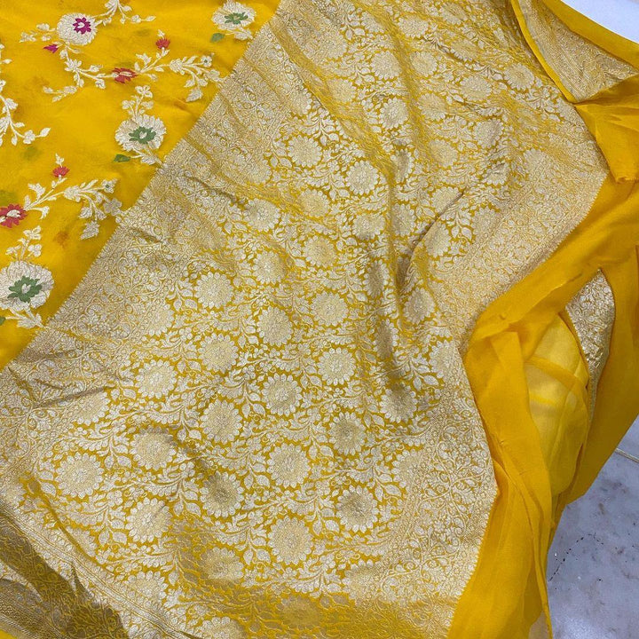 Yellow Banarasi Khaddi Georgette Saree - Aura Benaras