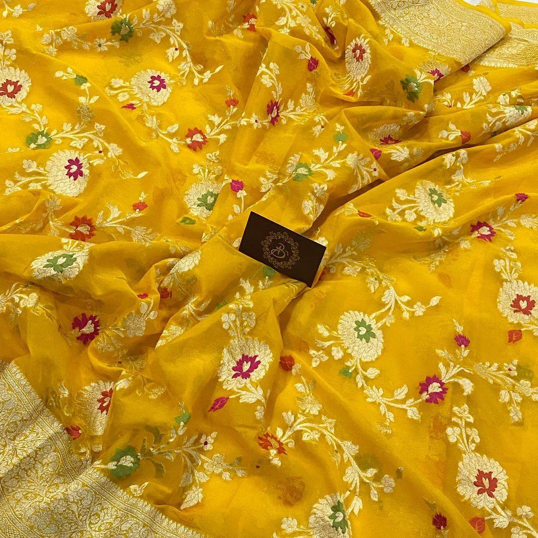Yellow Banarasi Khaddi Georgette Saree - Aura Benaras