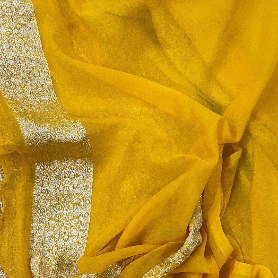 Yellow Banarasi Khaddi Georgette Saree - Aura Benaras