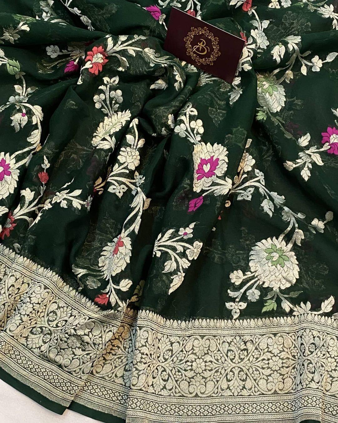 Bottle green Banarasi Khaddi Georgette Saree - Aura Benaras