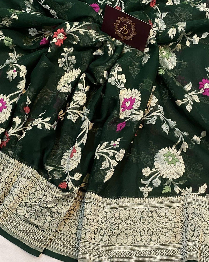 Bottle green Banarasi Khaddi Georgette Saree - Aura Benaras
