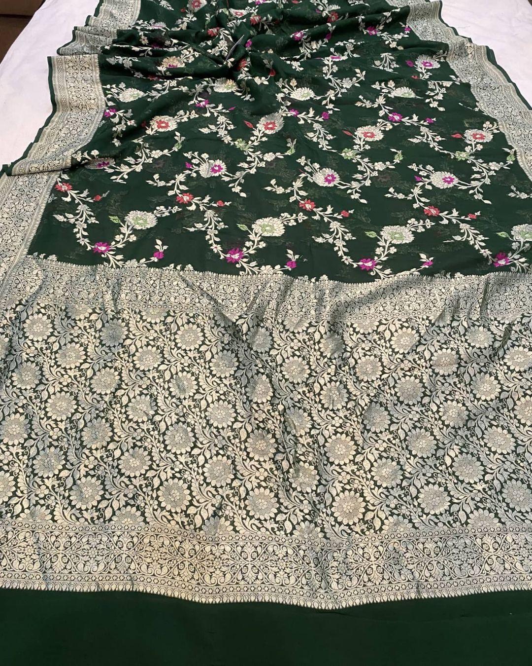 Bottle green Banarasi Khaddi Georgette Saree - Aura Benaras