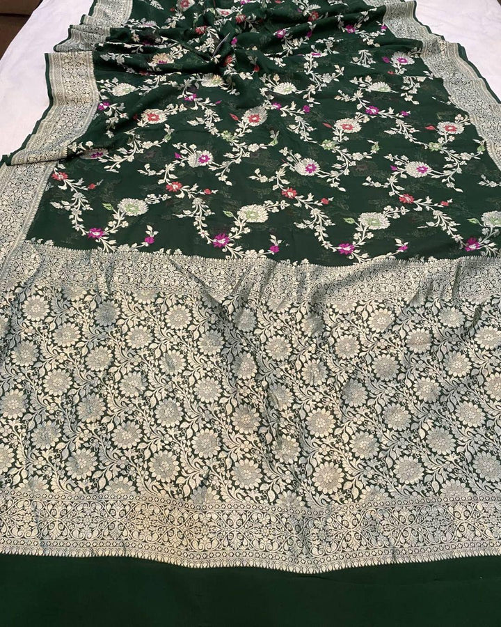 Bottle green Banarasi Khaddi Georgette Saree - Aura Benaras