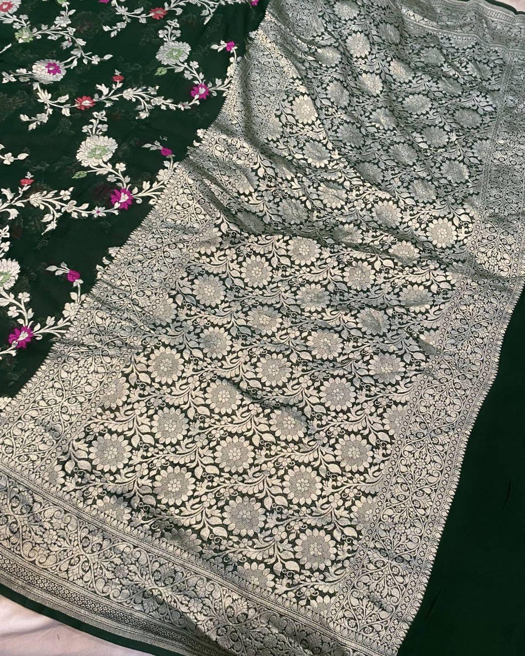 Bottle green Banarasi Khaddi Georgette Saree - Aura Benaras