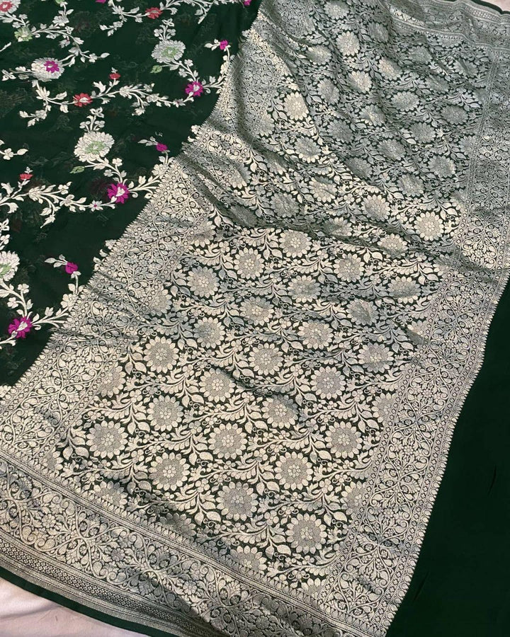 Bottle green Banarasi Khaddi Georgette Saree - Aura Benaras