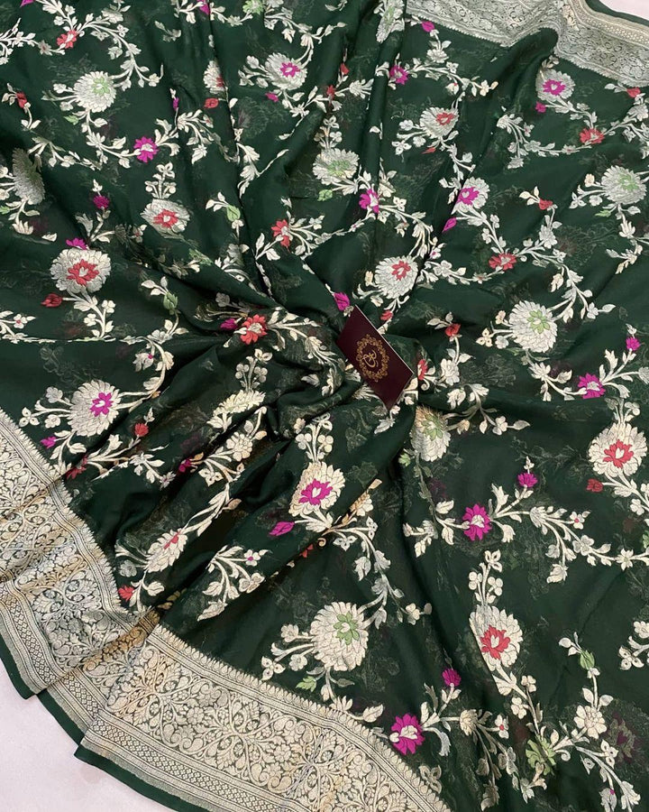 Bottle green Banarasi Khaddi Georgette Saree - Aura Benaras