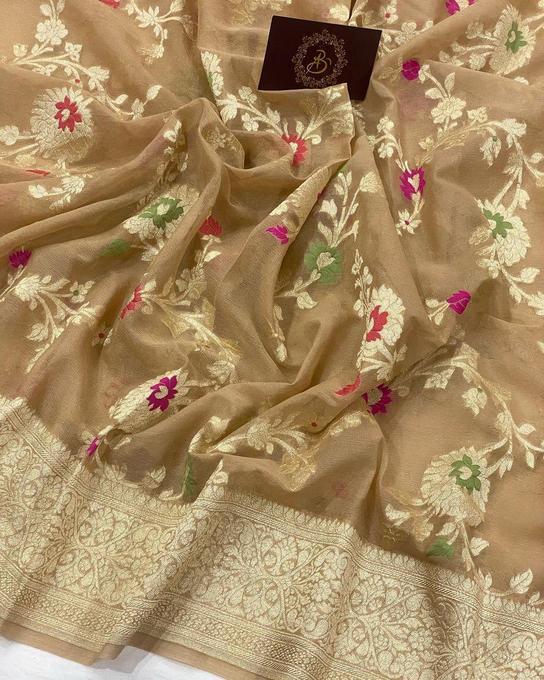 Beige Banarasi Khaddi Georgette Saree - Aura Benaras
