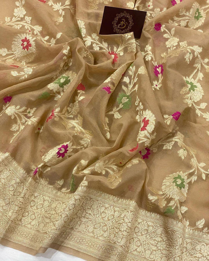 Beige Banarasi Khaddi Georgette Saree - Aura Benaras