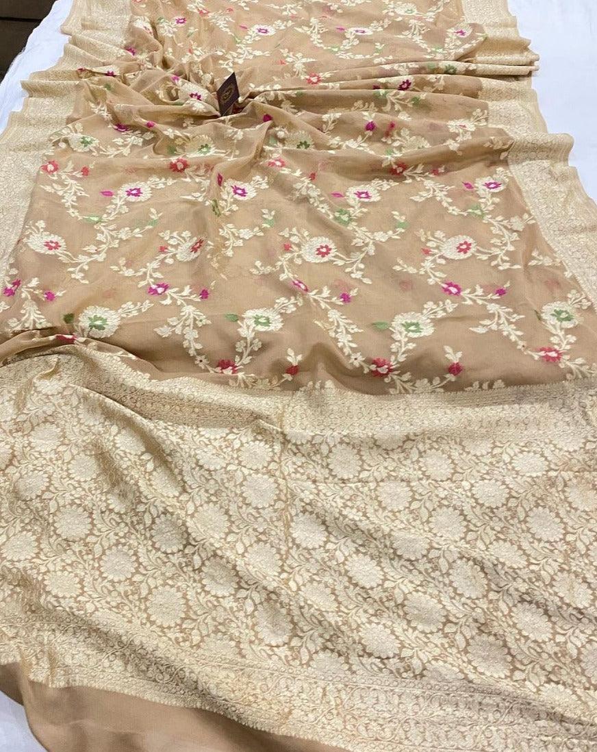 Beige Banarasi Khaddi Georgette Saree - Aura Benaras