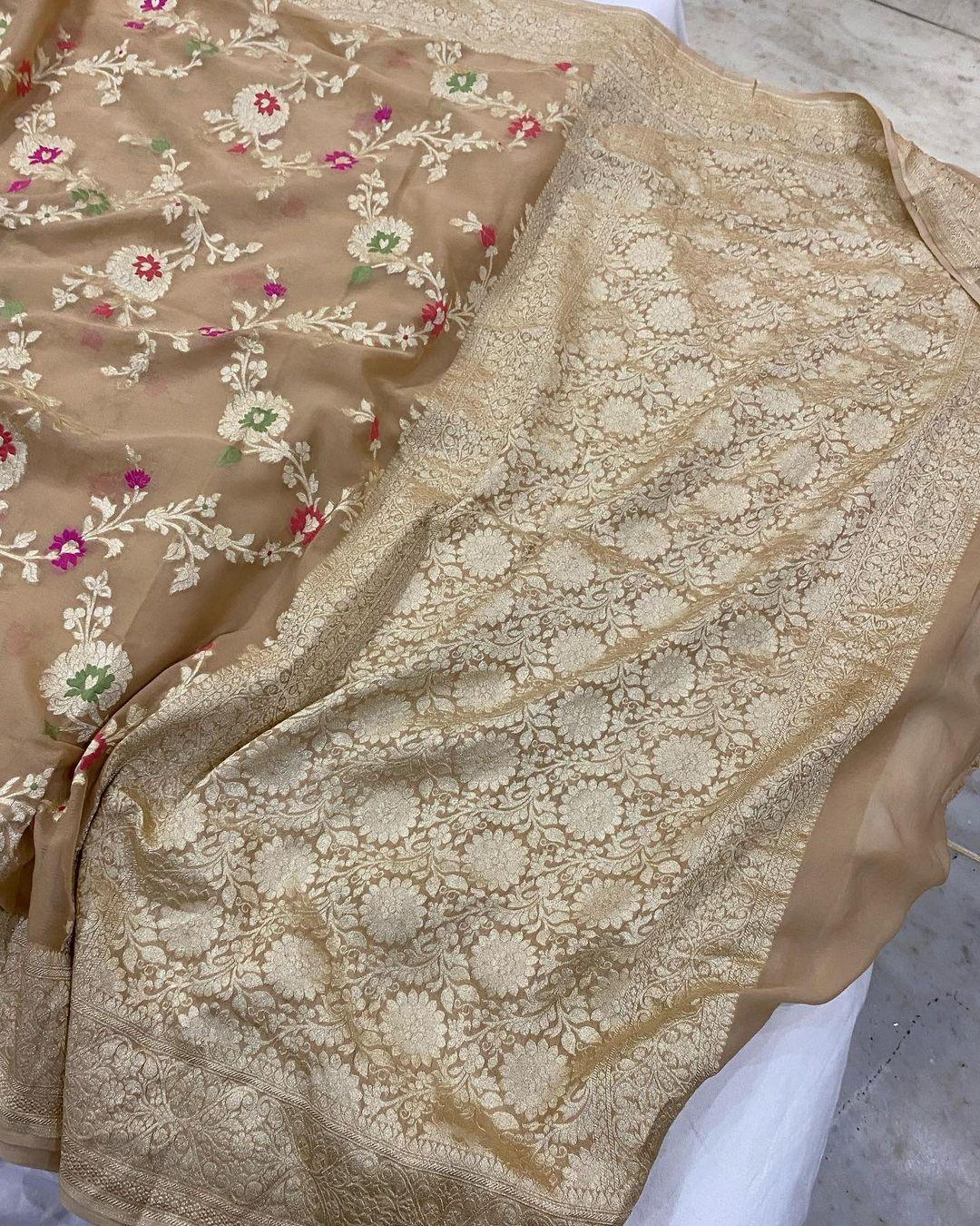 Beige Banarasi Khaddi Georgette Saree - Aura Benaras