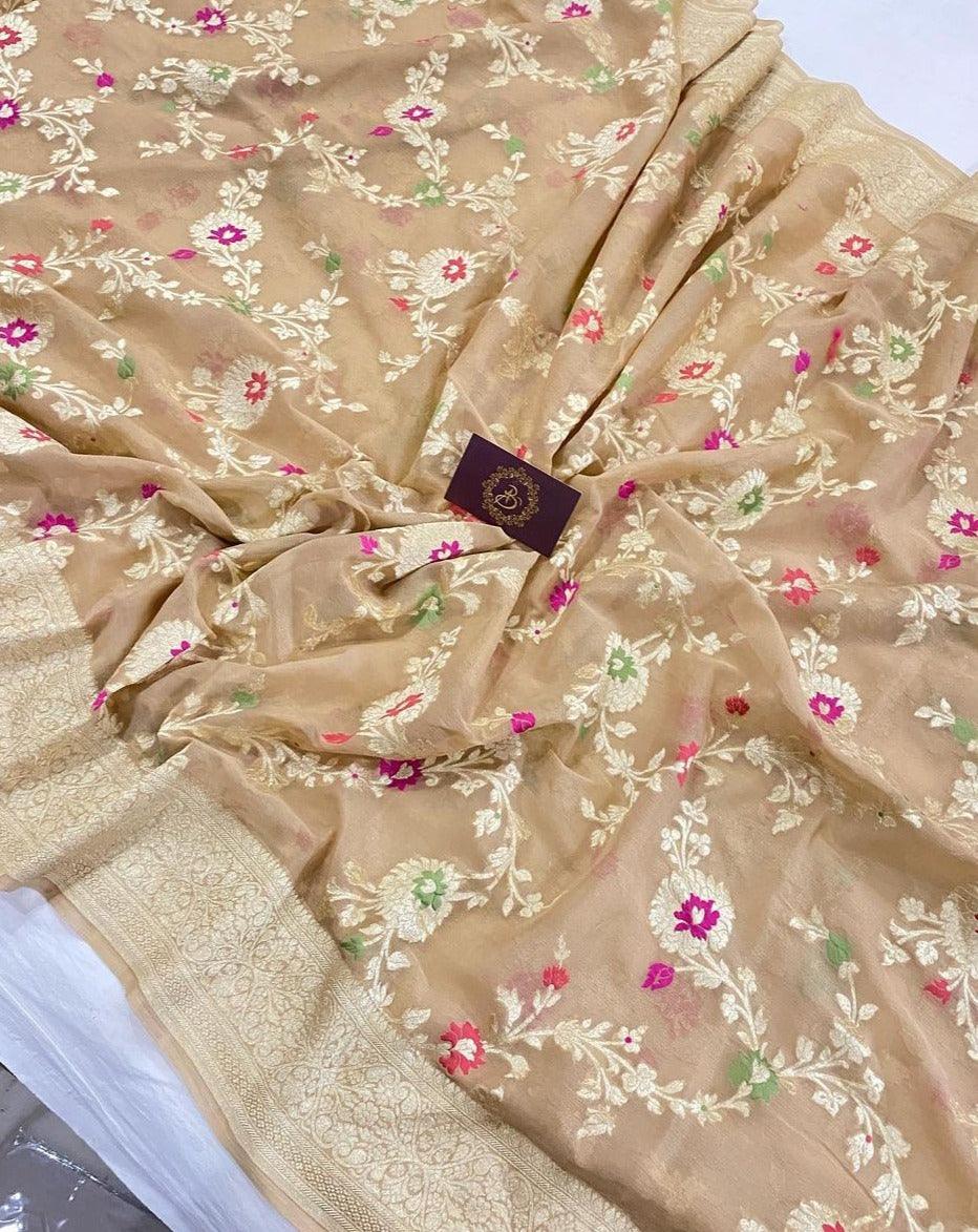 Beige Banarasi Khaddi Georgette Saree - Aura Benaras