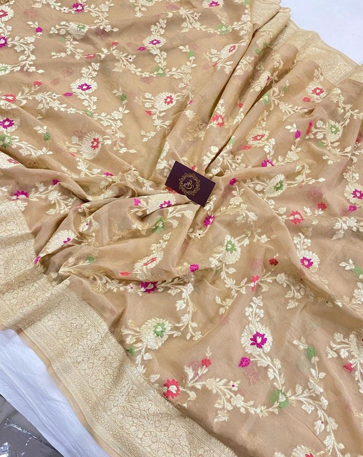 Beige Banarasi Khaddi Georgette Saree - Aura Benaras