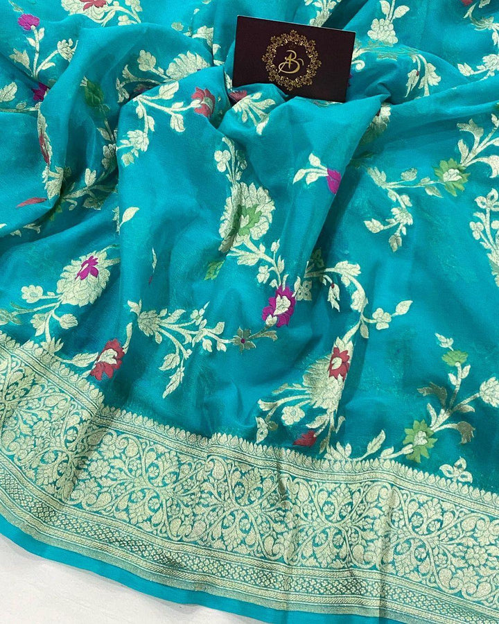 Turquoise Blue Banarasi Khaddi Georgette Saree - Aura Benaras
