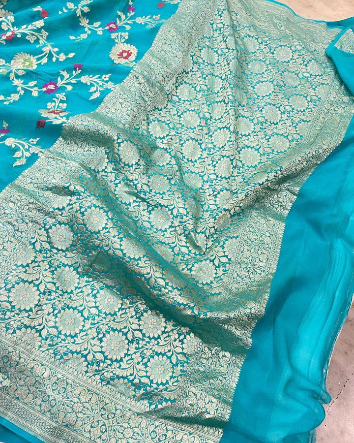 Turquoise Blue Banarasi Khaddi Georgette Saree - Aura Benaras