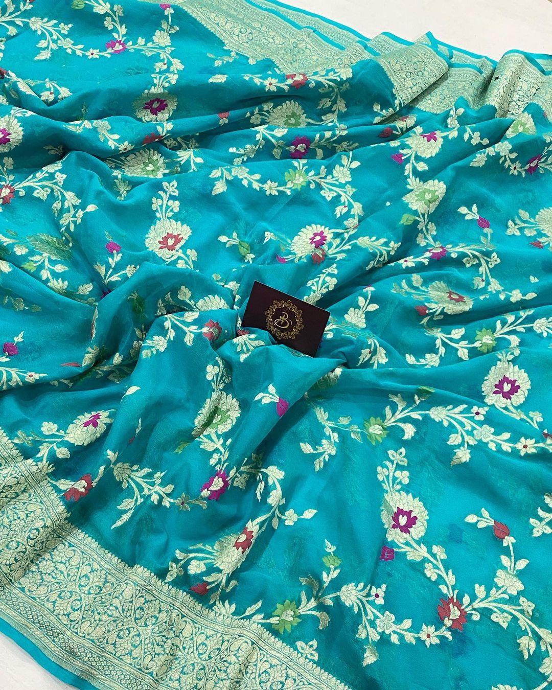 Turquoise Blue Banarasi Khaddi Georgette Saree - Aura Benaras