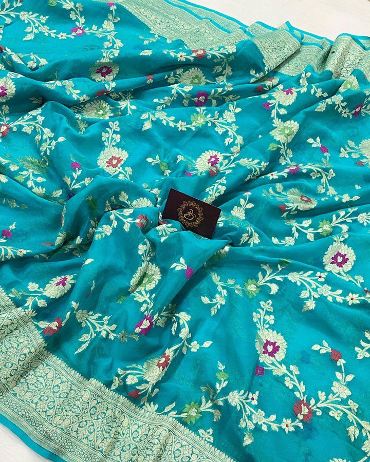 Turquoise Blue Banarasi Khaddi Georgette Saree - Aura Benaras