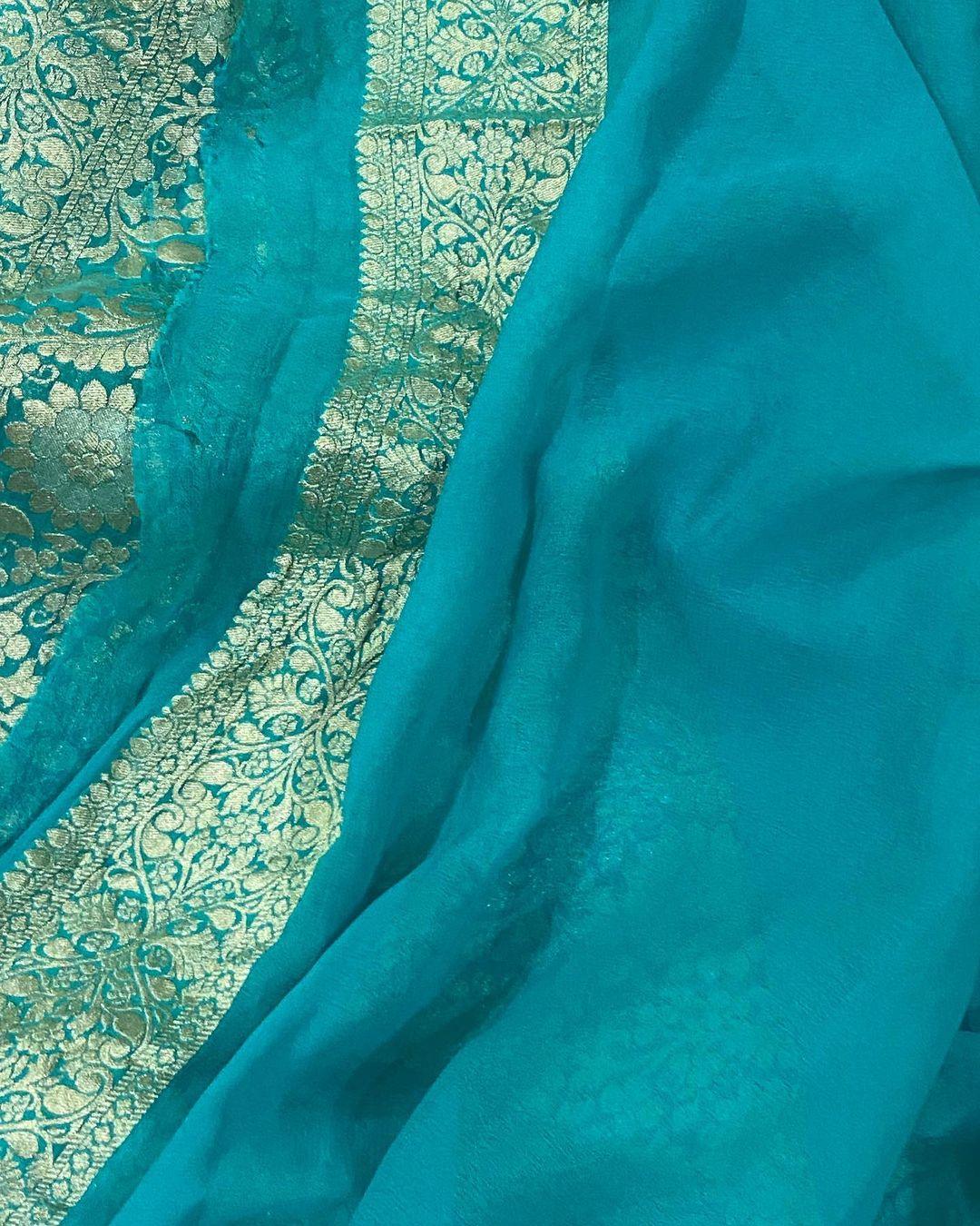 Turquoise Blue Banarasi Khaddi Georgette Saree - Aura Benaras
