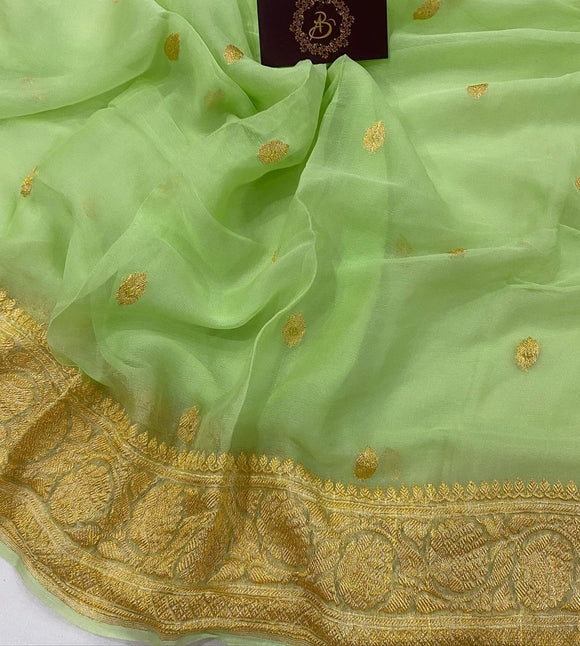 Pista Green Pure Banarasi Khaddi Chiffon Saree - Aura Benaras