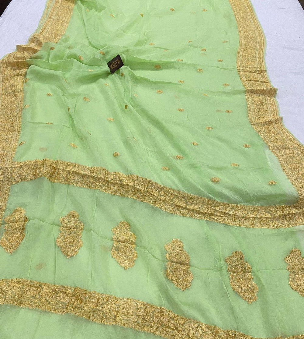 Pista Green Pure Banarasi Khaddi Chiffon Saree - Aura Benaras