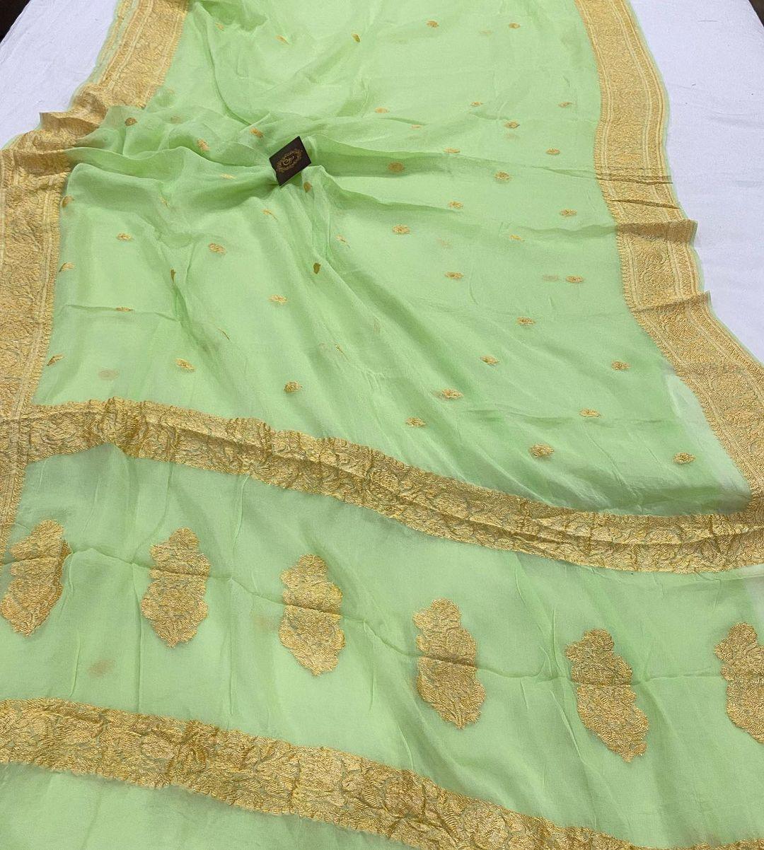 Pista Green Pure Banarasi Khaddi Chiffon Saree - Aura Benaras