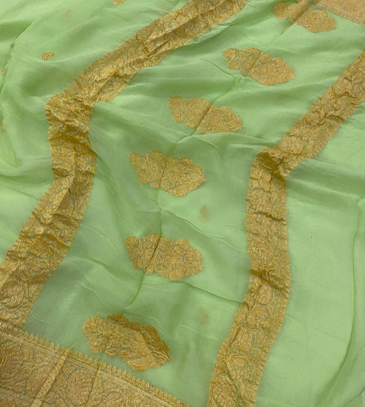 Pista Green Pure Banarasi Khaddi Chiffon Saree - Aura Benaras