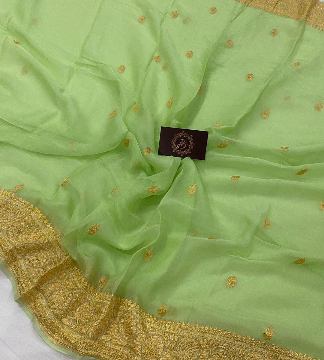 Pista Green Pure Banarasi Khaddi Chiffon Saree - Aura Benaras