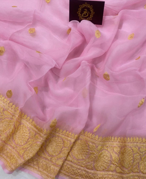 Baby Pink Pure Banarasi Khaddi Chiffon Saree - Aura Benaras
