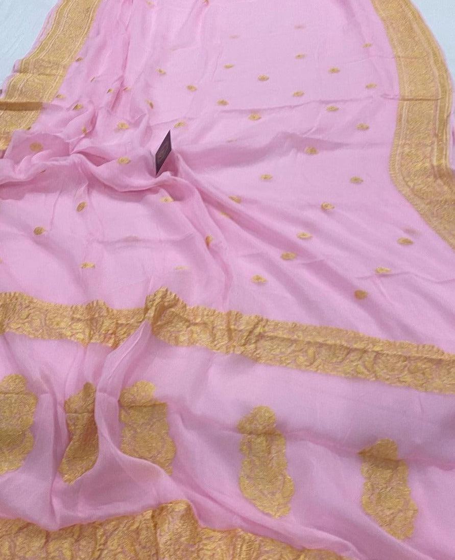 Baby Pink Pure Banarasi Khaddi Chiffon Saree - Aura Benaras