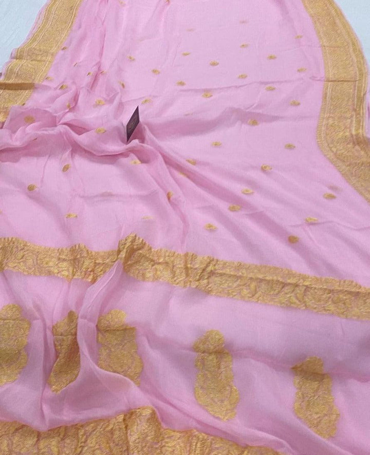 Baby Pink Pure Banarasi Khaddi Chiffon Saree - Aura Benaras