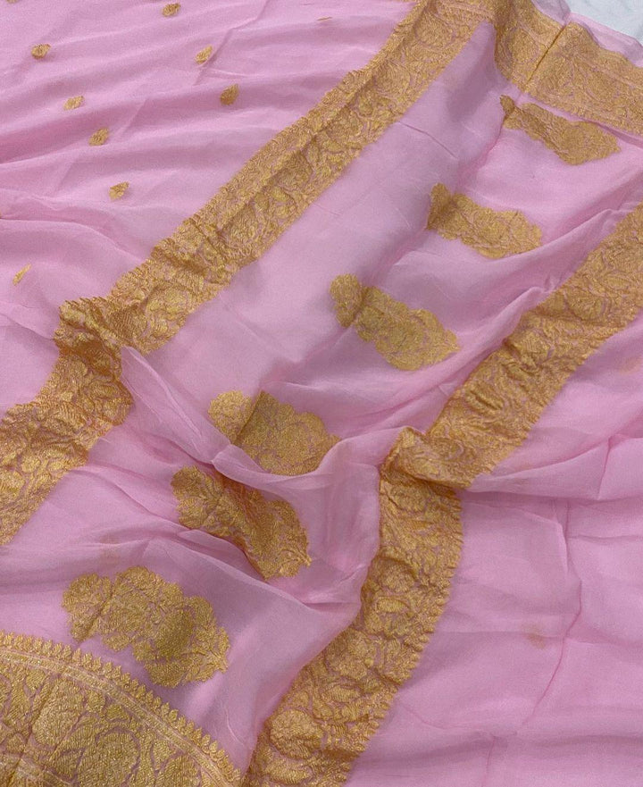 Baby Pink Pure Banarasi Khaddi Chiffon Saree - Aura Benaras
