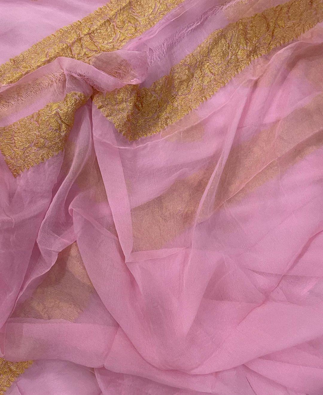 Baby Pink Pure Banarasi Khaddi Chiffon Saree - Aura Benaras