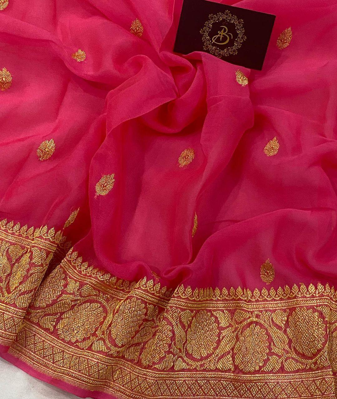 Neon Pink Banarasi Handloom Pure Georgette Silk Saree - Aura Benaras