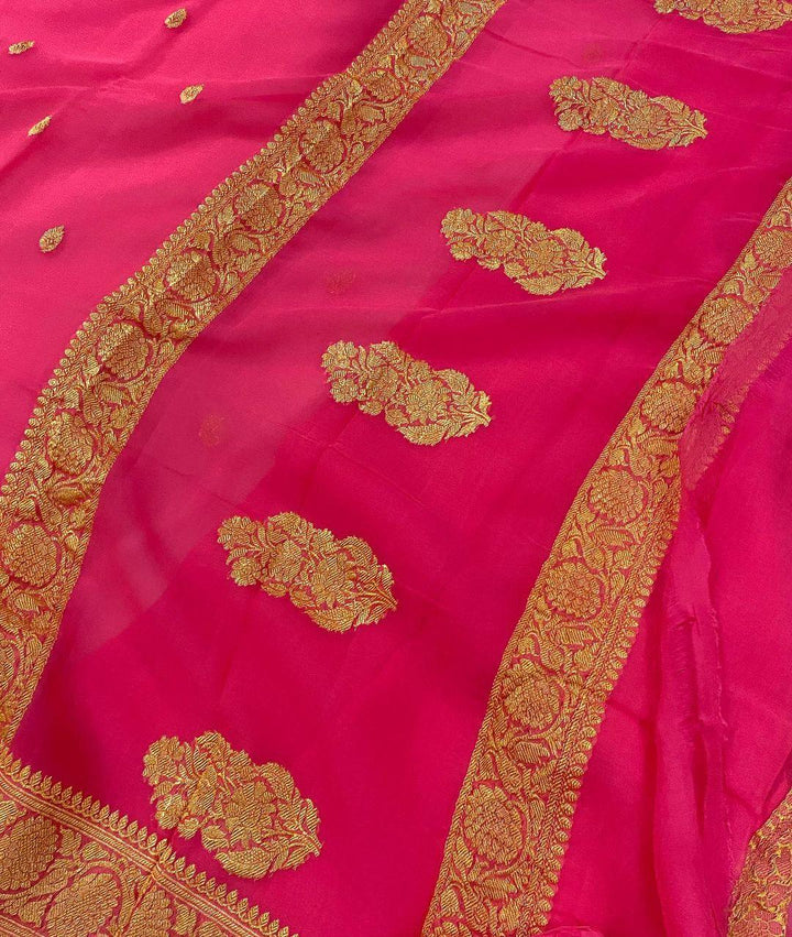 Neon Pink Banarasi Handloom Pure Georgette Silk Saree - Aura Benaras