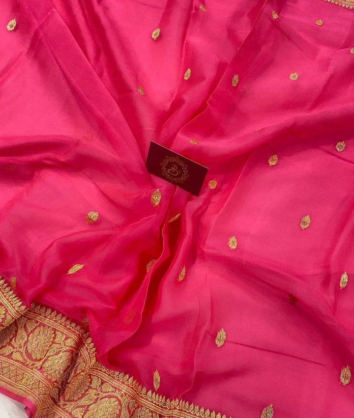 Neon Pink Banarasi Handloom Pure Georgette Silk Saree - Aura Benaras