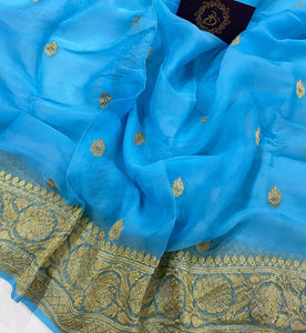 Powder Blue Pure Banarasi Khaddi Chiffon Saree - Aura Benaras