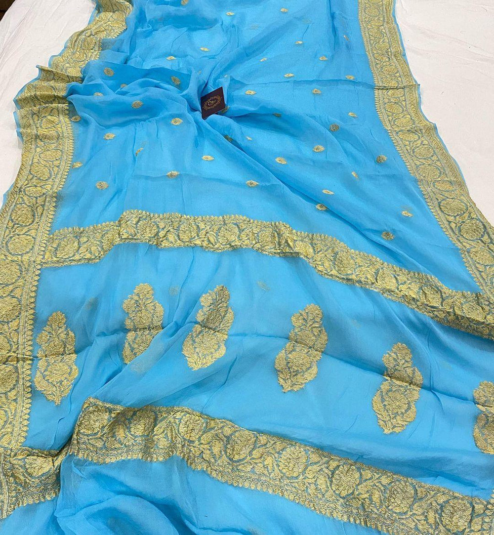 Powder Blue Pure Banarasi Khaddi Chiffon Saree - Aura Benaras