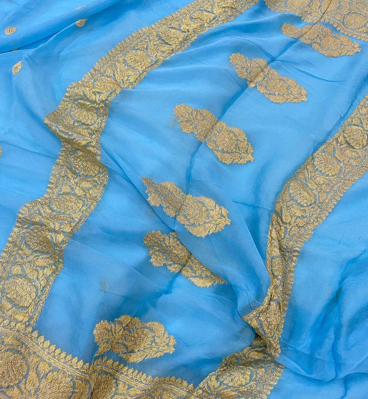 Powder Blue Pure Banarasi Khaddi Chiffon Saree - Aura Benaras