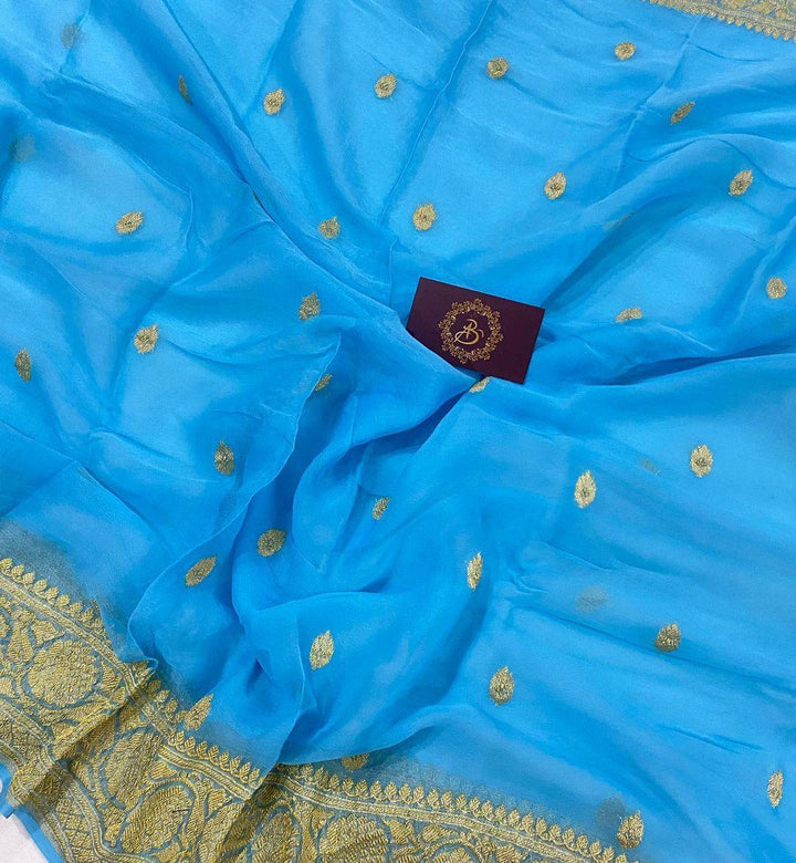 Powder Blue Pure Banarasi Khaddi Chiffon Saree - Aura Benaras