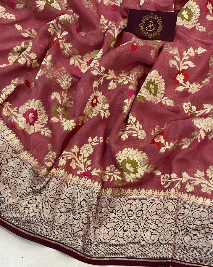 Onion Pure Banarasi Khaddi Georgette Saree - Aura Benaras
