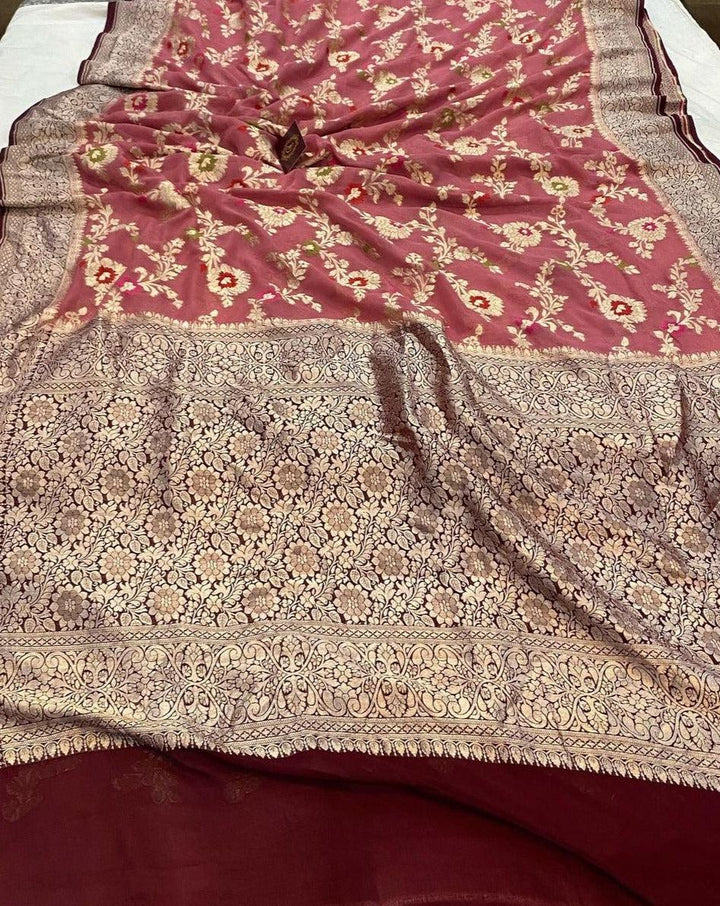 Onion Pure Banarasi Khaddi Georgette Saree - Aura Benaras