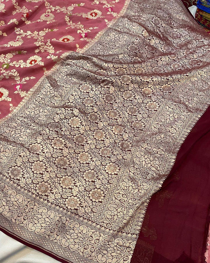 Onion Pure Banarasi Khaddi Georgette Saree - Aura Benaras