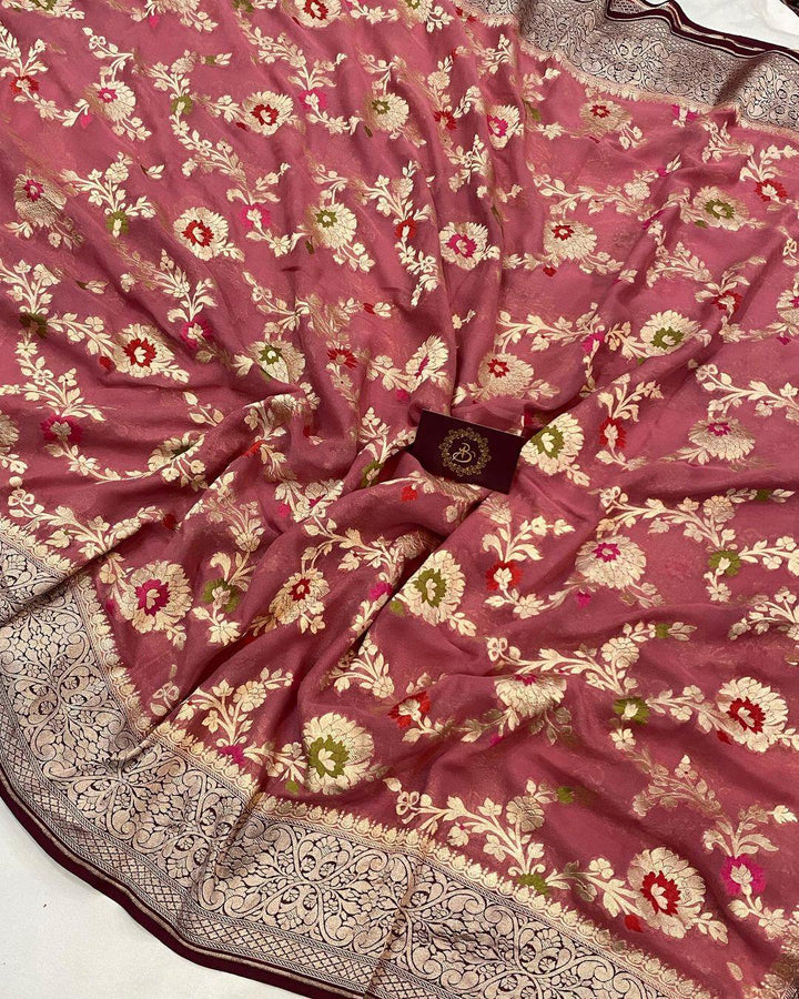 Onion Pure Banarasi Khaddi Georgette Saree - Aura Benaras